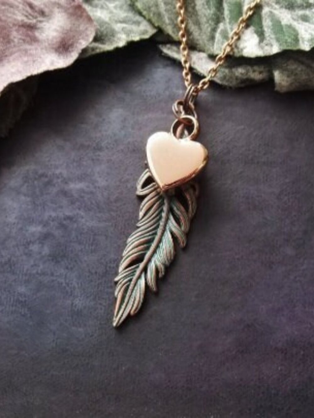 Rose Gold Heart Locket Feather Necklace Bohemian